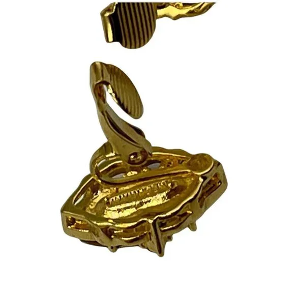 Lind Gold Tone Marquise Aurora Borealis Rhinestone Cut Clip-On Earrings 3/4” - Picture 9 of 10